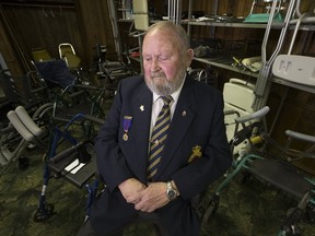 Allan Fillmore belongs to Legion Branch 43 in Oshawa where, as a member, he has for years been refurbishing and giving away donated medical equipment to people in need. The program is in  jeopardy — other branches have already shut their programs down over concerns that someone will sue them for faulty equipment. (STAN BEHAL/TORONTO SUN)
