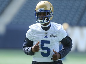 Wide receiver Kenny Stafford jogs during the Winnipeg Blue Bombers spring camp at Investors Group Field on April 27, 2017. (Kevin King/Winnipeg Sun/Postmedia Network)