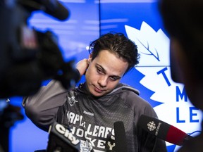 Toronto Maple Leafs centre Auston Matthews talks with the media at the Air Canada Centre in Toronto on April 25, 2017. (Craig Robertson/Toronto Sun/Postmedia Network)