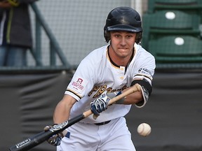 ordan Stickler, recent addition to Edmonton Prospects baseball team here playing against the Edmonton Blackhawks at Re/Max Field in Edmonton, May 31, 2017.