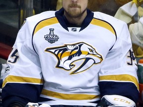 Predators goalie Pekka Rinne sits on the bench after being pulled during the third period in Game 2 of the Stanley Cup final against the Penguins in Pittsburgh on Wednesday, May 31, 2017. (AP Photo/Gene J. Puskar)