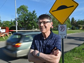 Steve Schroeter, chair of the transportation committee of the Belgravia Community League, at one of the traffic measures introduced last year. Taken in Edmonton, May 30, 2017. Ed Kaiser/Postmedia