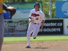 Goldeyes’ David Rohm rounds second base during their 5-4 win over the Sioux Falls Canaries at Shaw Park yesterday. (Kevin King/Winnipeg Sun)