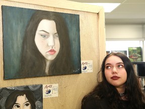 Grade 11 student Hannah Tessier will have a number of pieces of artwork on display at the annual art show at Sudbury Secondary School in Sudbury, Ont., including a self portrait . The exhibition, entitled Exposed, features more than 300 pieces of artwork that includes paintings, drawings, print making, sculptures and fashion design, from about 100 students from the high school. The public is welcome to view the exhibition on June 1-2 during school hours. John Lappa/Sudbury Star/Postmedia Network