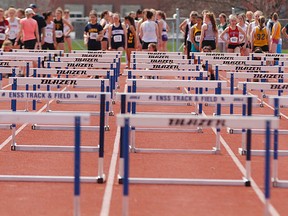 Intelligencer file photo by Bea Serdon
City officials say parks staff, contractors and volunteers worked overtime to ensure the MAS Park complex and Bruce Faulds Track were ready for the invasion of more than 2,200 athletes from across Ontario for the 2017 OFSAA track and field championships starting Thursday.