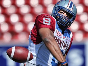 Nik Lewis of the Montreal Alouettes during warm-up before playing the Calgary Stampeders in Calgary on Aug. 1, 2015. (Al Charest/Calgary Sun/Postmedia Network)