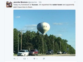 People tweeted images of a Wisconsin water tower emblazoned with the word “sex.” (Twitter screengrab)