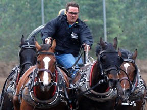 Mark Sutherland races down the final stretch in a World Professional Chuckwagon Association heat during last year’s Grande Prairie Stompede. The 2017 marks a special season for the Okotoks driver. Not only is it his 25th year driving, but his son Dayton is entering his first full season as a driver on the WPCA. Mark’s father Kelly Sutherland is also driving for the 50th and final year this season. DHT FILE PHOTO