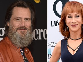 Jim Carrey, left, has offered his support to comedien Kathy Griffin following her ill-received Donald Trump beheading video. (Getty Images and AP file photos)