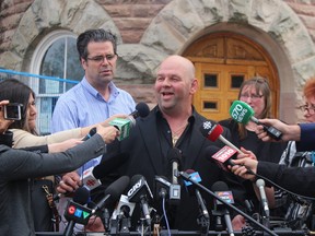 Arpad Horvath Jr., son of Londoner Arpad Horvath, one of Elizabeth Wettlaufer's murder victims, speaks to reporters outside the Woodstock courthouse. (Postmedia Network file photo)