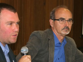 Mayor Steve Black, left, and Moe Lavigne, of KWG Resources, was among the panel members who took part in a discussion Thursday over what solutions might be offered to get the Ring of Fire project moving forward. There was agreement that politicians in the higher levels of government need to be motivated.