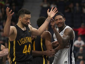 Halifax Hurricanes Billy White (white) reacts to a fowl from London Lightning #44 Ryan Anderson during the second half of game 4 of the NBL of Canada final on Thursday June 1, 2017 at the Scotiabank Centre in Halifax, Nova Scotia. (Photo by Mike Dembeck/Special to the London Free Press)