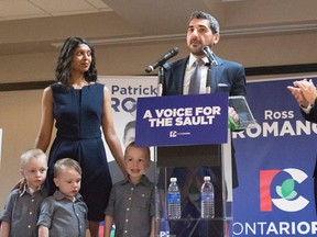 PC's Ross Romano is surrounded by his wife, Heather Mendes, their three children and PC leader Patrick Brown as he makes his victory speech after winning the Sault Ste. Marie byelection on June 1, 2017.