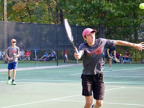 Doubles partners Griffin Allen, right, and Matt Mueller of the Lambton Central Lancers. (MELISSA SCHILZ/Postmedia Network)