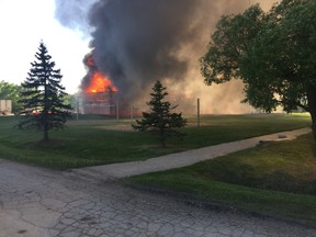 Fire has extensively damaged a large college dormitory south of Winnipeg. The building at Providence University College in Otterburne was undergoing exterior renovations when flames tore through the structure late in the afternoon, June 1, 2017.
Handout