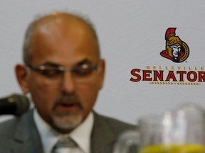 Intelligencer file photo by Emily Mountney-Lessard
A logo with the name Belleville Senators is shown behind Mayor Taso Christopher during a press conference announcing the Ottawa Senators relocating their AHL team to Belleville. City man Gary Davidson has been pushing the city to release information on the deal between the municipality and the AHL franchise.