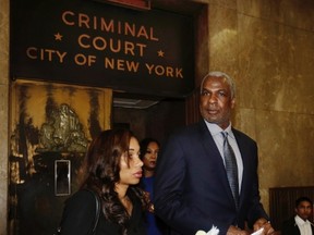 In this April 11, 2017, file photo, former New York Knicks player Charles Oakley leaves Manhattan Criminal Court, in New York. Oakley has chosen to go to trial in August on charges he struck a security guard at Madison Square Garden. Oakley appeared briefly before a Manhattan judge on Friday, June 2, 2017. He rejected a conditional dismissal that would have left him with a clean record after six months of good behavior. (AP Photo/Richard Drew, File)