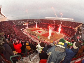 With a full house watching at Commonwealth Stadium, Canada's snowbirds fly over and fireworks are ignited just prior to the Grey Cup game between the Edmonton Eskimos and the Montreal Alouettes in November 2002.