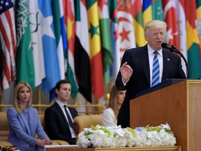 US President Donald Trump speaks during the Arabic Islamic American Summit at the King Abdulaziz Conference Center in Riyadh on May 21, 2017. MANDEL NGAN /Getty Images)