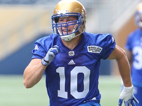 Winnipeg Blue Bombers linebacker Sam Hurl runs a drill during CFL football practice in Winnipeg, Man. Sunday May 29, 2016. Brian Donogh/Winnipeg Sun/Postmedia Network