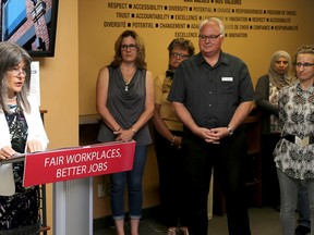 Sophie Kiwala, MPP for Kingston and the Islands, speaks at the KEYS Job Centre in Kingston on Friday to promote the new Ontario Fair Workplaces, Better Jobs Plan. (Ian MacAlpine /The Whig-Standard)