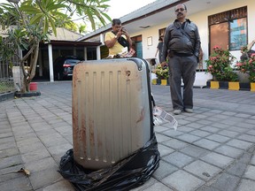 This photo taken on Aug. 12, 2014 shows the suitcase where the body of Sheila von Wiese-Mack was found, displayed at a police station in Nusa Dua on the Indonesian resort island of Bali. (SONNY TUMBELAKA/AFP/Getty Images)