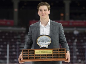 Top Prospect Award recipient Nolan Patrick, from the Brandon Wheat Kings, holds his trophy following a media availability at the Memorial Cup in Windsor, Ont., on May 27, 2017. (Adrian Wyld/The Canadian Press)
