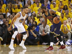 The point guard battle between 
two-time NBA MVP Stephen Curry (left) and Kyrie Irving, who hit the championship-winner last year, got off to an interesting start in Game 1, with Curry outplaying Irving. Curry’s standout effort was overshadowed by Kevin Durant’s spectacular outing, but he’s definitely healthier than he was in 2016. Getty Images
