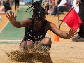 Evodie Makasa from Calgary's Crescent Heights competes in the intermediate long jump during the 2017 ASAA High School Track and Field Provincials at Foote Field at the University of Alberta in Edmonton on Friday, June 2, 2017.