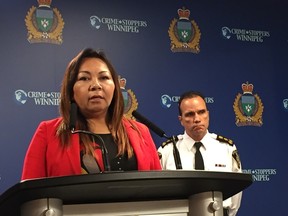 Manitoba Keewatinowi Okimakanak Grand Chief Sheila North Wilson and Winnipeg Police Chief Danny Smyth address the media at a press conference at police headquarters on Saturday, June 3, 2017 to announce that the body of murder victim Christine Wood had been located.  Wood's body was found by RCMP officers in the Springfield, Man., area on Thursday, June 1, 2017, and identified through autopsy on Friday, June 2. Wood went missing in Winnipeg on the evening of Aug. 19, 2016. On April 7, 2017, Brett Ronald Overby, 30 of Winnipeg, was arrested and charged with second degree murder in the death of Wood. GLEN DAWKINS/Winnipeg Sun/Postmedia Network