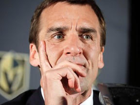 Vegas Golden Knights general manager George McPhee listens during a news conference Thursday, April 13, 2017, in Las Vegas. (THE CANADIAN PRESS/AP/John Locher)