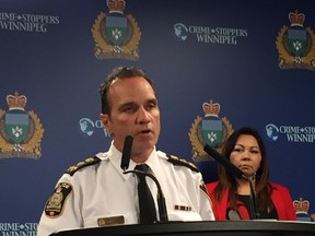 Winnipeg Police Chief Danny Smyth and Manitoba Keewatinowi Okimakanak Grand Chief Sheila North Wilson address the media at a press conference at police headquarters on Saturday, June 3, 2017 to announce that the body of murder victim Christine Wood had been located. Wood's body was found by RCMP officers in the Springfield, Man., area on Thursday, June 1, 2017, and identified through autopsy on Friday. Wood went missing in Winnipeg on the evening of Aug. 19, 2016. On April 7, 2017, Brett Ronald Overby, 30 of Winnipeg, was arrested and charged with second degree murder in the death of Wood. GLEN DAWKINS/Winnipeg Sun/Postmedia