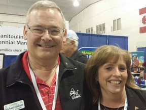General Manager of LAMBAC, Michael Addison, and Diane Newlands, this year's very busy co-ordinator,  captured taking a breather for one minute during the successful ManitoulinTrade Fair last weekend.