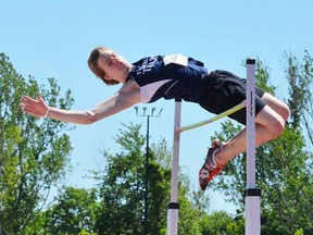 Bailey Maracle of St. Theresa wins the junior boys high jump event during the final day of competition at the 2017 OFSAA track and field championships Saturday at MAS Park and Bruce Faulds Track. (Catherine Frost for The Intelligencer)