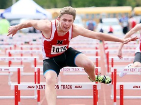 Avery Smiley of Northern wins the midget boys' 100-metre hurdles during Day 1 of the LKSSAA track and field championship at the Chatham-Kent Community Athletic Complex in Chatham, Ont., on Tuesday, May 9, 2017. (MARK MALONE/Postmedia Network)