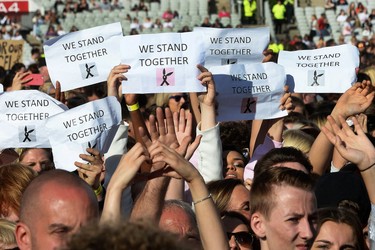 Music fans gather at the One Love Manchester benefit concert for the families of the victims of the May 22, Manchester terror attack, at Emirates Old Trafford in Greater Manchester on June 4, 2017.  (DAVE HOGAN FOR ONE LOVE MANCHESTER/AFP/Getty Images)