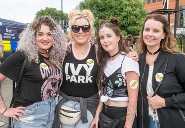 Members of the public pose ahead of the One Love Manchester Benefit Concert on June 4, 2017 in Manchester, England. (Richard Stonehouse/Getty Images)