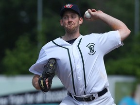 Winnipeg Goldeyes starting pitcher Kevin McGovern throws during American Association action against the Lincoln Saltdogs at Shaw Park in Winnipeg on Sun., June 4, 2017. The Goldeyes wore commemorative Neepawa Farmers jerseys for the game, honouring the 1993-97 edition of the Farmers which was inducted into the Manitoba Baseball Hall of Fame in Morden the same weekend. Kevin King/Winnipeg Sun/Postmedia Network