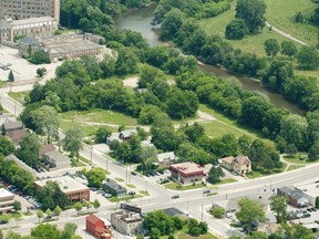 An aerial photograph looking southeast at South Street and Wellington Road in London. (Free Press file photo)