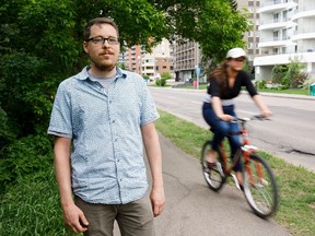 Conrad Nobert, vice chair of Paths for People, is photographed on a multi-use path along Saskatchewan Drive near 109 Street in Edmonton on Sunday, June 4, 2017. His group is calling for the city to make these shared paths wider and separate wheeled and non-wheeled users. (Codie McLachlan/Postmedia)