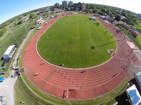 An aerial view of MAS Park and Bruce Faulds Track prior to the start of the 2017 OFSAA track and field championship which wrapped up Saturday. (Bob Forgues photo)