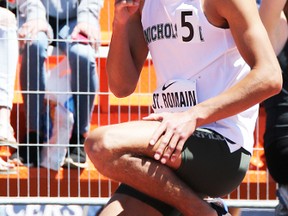 Nicholson runner Nate St. Romain prepares prior to the gun to start the senior boys 400m hurdles final Saturday at the 2017 OFSAA track and field championship at MAS Park and Bruce Faulds Track. (Tim Miller/The Intelligencer)