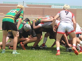 Centennial Chargers (green) vs. the Mississauga Lorne Park Spartans at the 2017 Barbarian Cup junior boys provincial rugby championships Monday in Fergus. (Submitted photo)