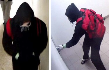 Dameion McFarland suspect wearing skull face mask, New Balance runners, red backpack, and green tape on wrists.