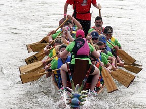 A team races in the Sydenham Challenge Dragon Boat Festival held on the Sydenham River in Wallaceburg on Saturday, June 3.
