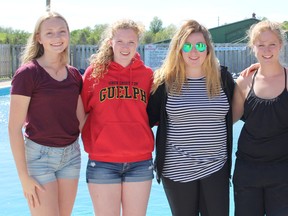 The Lucknow Recreation Centre is geared up and offering out door activities this summer including swimming, the splash pad and the skate park. The swimming season starts on June 12, 2017 with a variety of different coarses, team swims, free swims and this years theme swimming. L-R: Mikayla Dowler, Robin Montgomery, Kendall Black, Sarah Alton and Kaitlyn Dowler gather to prepare the Lucknow swimming pool. (Ryan Berry/ Kincardine News and Lucknow Sentinel)