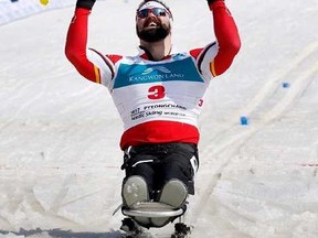 World Cup para-Nordic team member and Sudbury resident Collin Cameron celebrates his World Cup victory in South Korea in March. Supplied photo