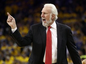 Gregg Popovich of the San Antonio Spurs looks on during the Western Conference Finals against the Golden State Warriors at ORACLE Arena on May 16, 2017 in Oakland. (Ezra Shaw/Getty Images)