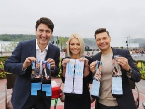 Prime Minster Justin Trudeau with Kelly Ripa and Ryan Seacrest. (Facebook/Ryan Seacrest)