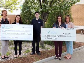 (Photo supplied) Kivi Park founder Lily Fielding and St. Benedict’s Catholic Secondary School joined forces to raise money for Cystic Fibrosis Canada. Pictured (left to right) are Melissa Sheridan of Kivi Park, Chantal Filion of the Sudbury chapter of Cystic Fibrosis Canada, Evan of St. Benedict’s Catholic Secondary School, Megan Filion of the Sudbury chapter of Cystic Fibrosis Canada and Monika Jost, VP of St. Benedict’s SS.